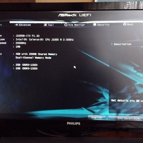 ASRock J3355B-ITX motherboard used with Intel Celeron CPU and 4GB RAM