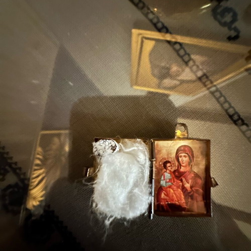 Religious amulet pack new with Panagia pendant, oil, incense, CD, and book