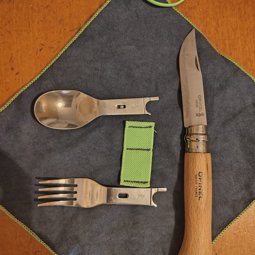 Opinel multitool with knife, fork, spoon and cleaning cloth like new