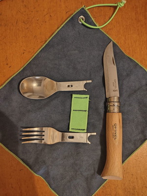 Opinel multitool with knife, fork, spoon and cleaning cloth like new