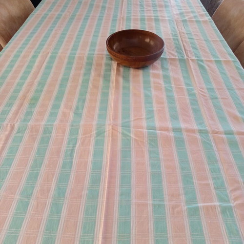Handmade striped tablecloth used, pastel pink and green, 168x121 cm