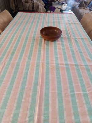 Handmade striped tablecloth used, pastel pink and green, 168x121 cm