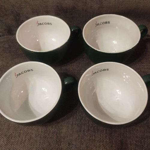 Jacobs breakfast bowls and mugs set of 4 used, green with gold trim