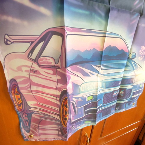 Skyline Nissan GTR R34 Tokyo Sun Flag new, retro anime vintage JDM
