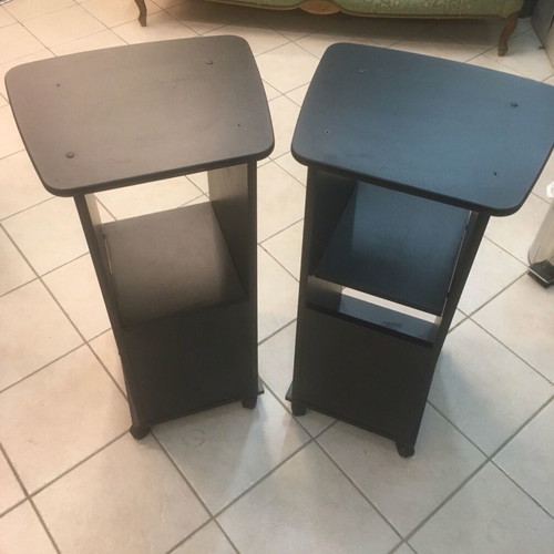 Rolling side tables like new, black melamine shelves, set of 2