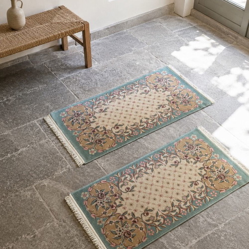 Set of 3 Handmade Vintage Wool Rugs with Romantic Floral Design