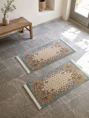 Set of 3 Handmade Vintage Wool Rugs with Romantic Floral Design