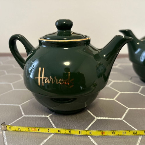 Harrods 12oz green teapots set of 2 with gold logo new