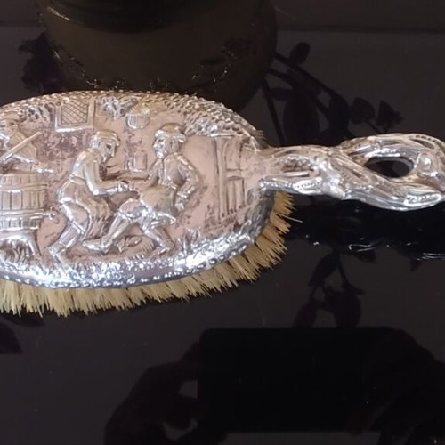 English silver hairbrush with 17th century tavern scene, like new