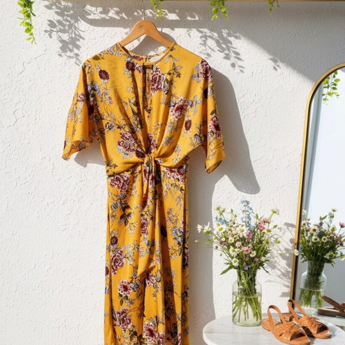 Yellow midi dress Primark like new with floral design, size 36