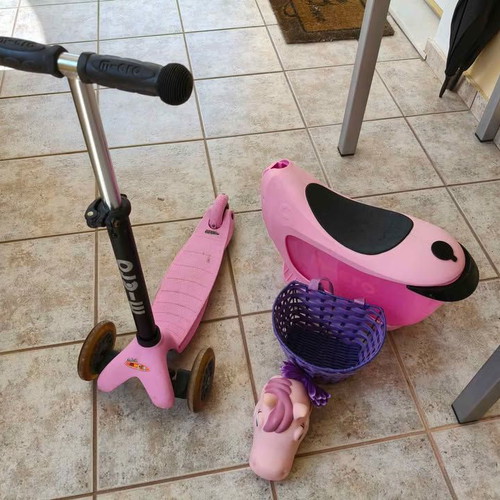 Micro Kids Scooter with Seat, Storage, Basket and Accessories like new