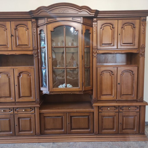 Classic walnut wood composition with display cabinet and lighting