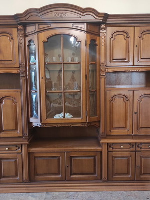 Classic walnut wood composition with display cabinet and lighting