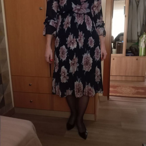 Floral dress midi long-sleeve with lining in blue and pink