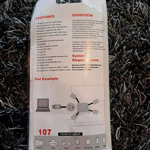 USB 2.0 Hub x4 white new with extension cable