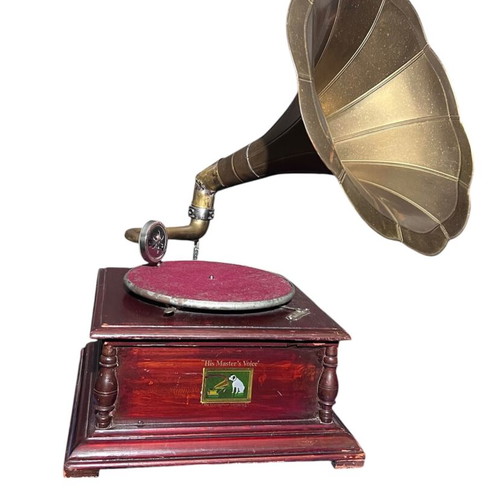 Vintage Gramophone used, His Master's Voice, functional with wooden base