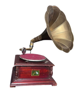 Vintage Gramophone used, His Master's Voice, functional with wooden base