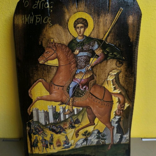 Saint Demetrios Icon aged on pine wood with tassels new