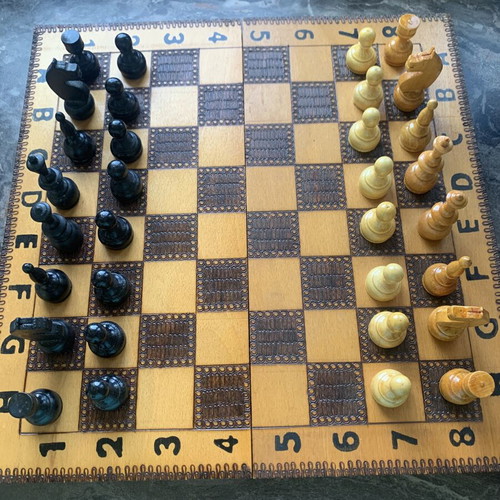 Vintage wooden chess set with pyrography, full classic retro pieces