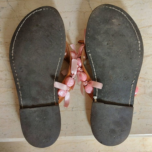 Leather sandals used, Greek made, size 40, pink with beads and ribbons