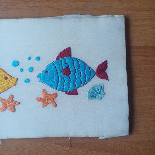 Handmade vintage embroidery with fish, like new