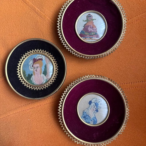 Needlepoint portraits set vintage, brass ornate frames, rococo style