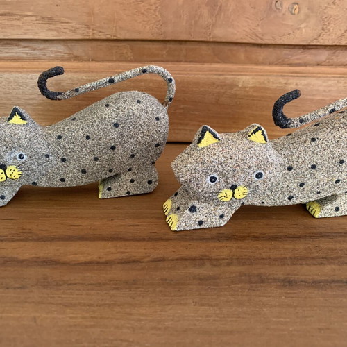 Set of 2 handmade wooden and sand decorative cats