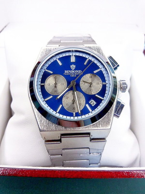 Men's luxury watch new, waterproof, chronograph, blue and silver