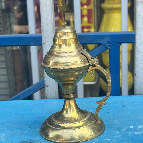 Old bronze table censer with cross, used, 19 cm