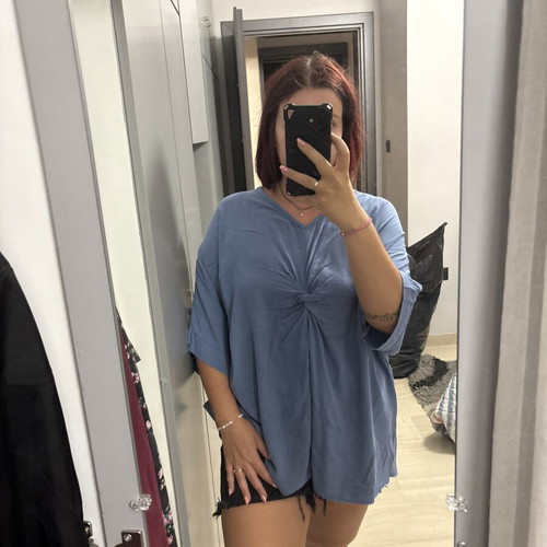 Blue oversized blouse with front twist, made in Italy, XL