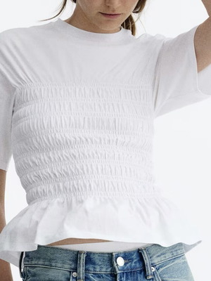 H&M White Top with Smocking, New, Cotton, Size L