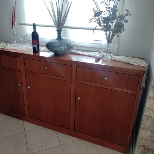 Living room furniture like new solid wood table, buffet and glass cabinet