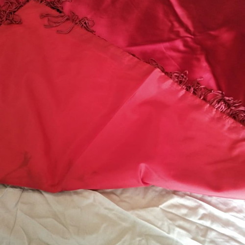 Bed cover used in red with multicolor embroidery and pillowcases