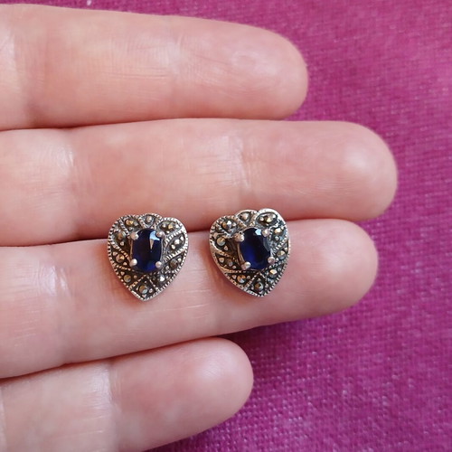 Silver 925 earrings with sapphire and marcasites, like new, vintage
