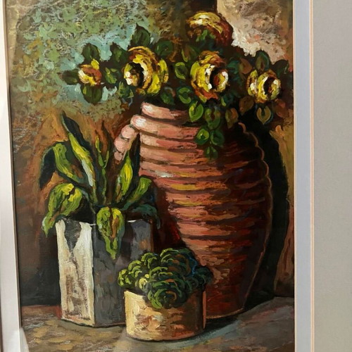 Painting by Lefteris Tsimogiannis with clay pot and flowers, framed