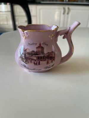 Vintage Karlovy Vary spa porcelain cup used, lilac with gold details