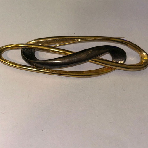 Vintage metal brooch used, two-tone abstract design