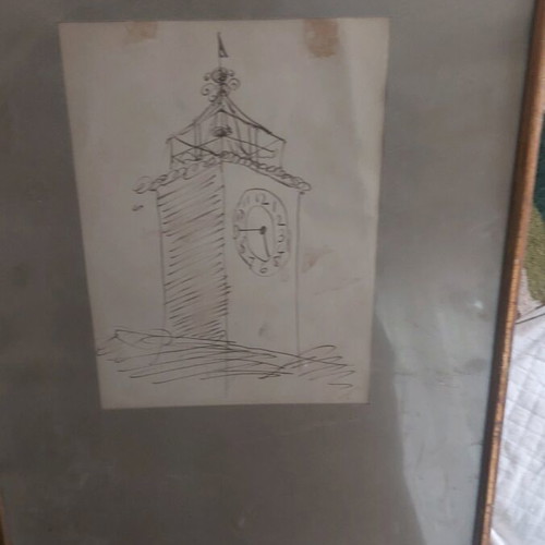 Artwork used featuring old bell tower, pen drawing