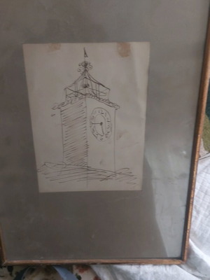 Artwork used featuring old bell tower, pen drawing