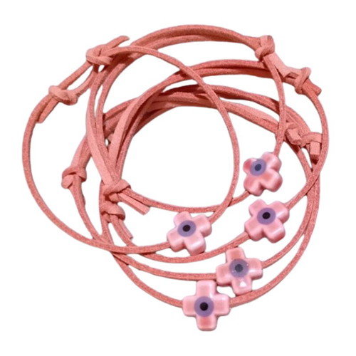 Set of 100 handmade baptism witness bracelets with suede cord and pink ceramic cross