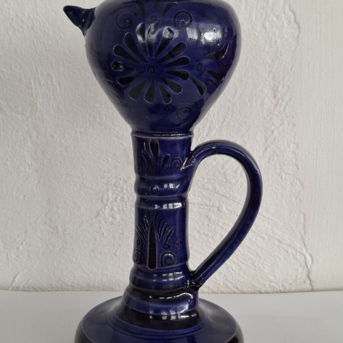 Handmade ceramic oil lamp with Sifnos style, cobalt blue, like new