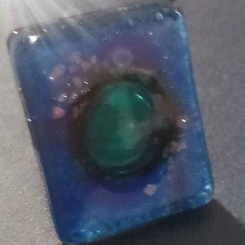 Handmade glass ring in blue and green with gold flakes, new, adjustable