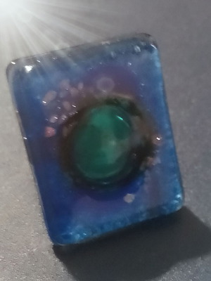 Handmade glass ring in blue and green with gold flakes, new, adjustable
