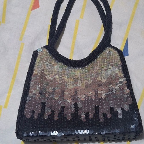 Evening bag with black and silver sequins, hand-stitched handles