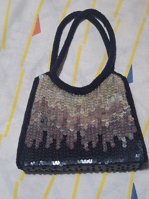Evening bag with black and silver sequins, hand-stitched handles