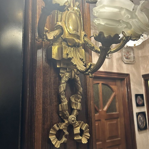 Set of 2 large brass wall sconces with ornate glass shades vintage used