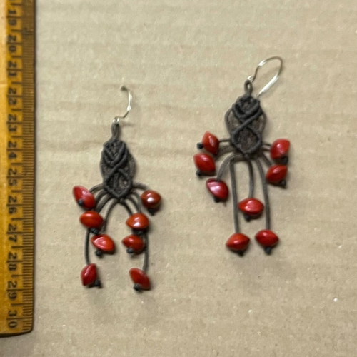 Earrings used handmade dangling brown and red