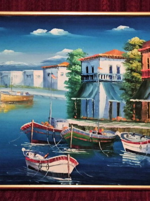 Πίνακας Ν. Σπανός Λιμανάκι σε καμβά σαν καινούργιος με κορνίζα