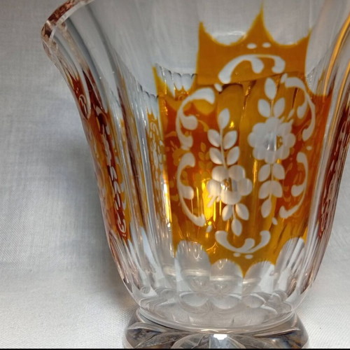 Vintage Bohemian crystal vase amber cut-to-clear, like new