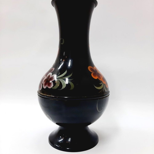 Vintage Korean Black Enamel Vase Steel Inlaid Flowers 23 cm